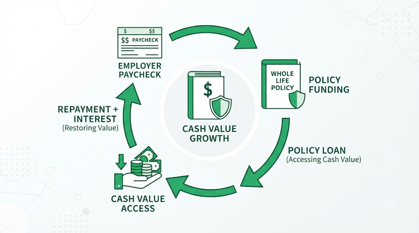 Infographic placeholder — money flowing from income into a whole life policy, then out as a policy loan, then back in as repayment
