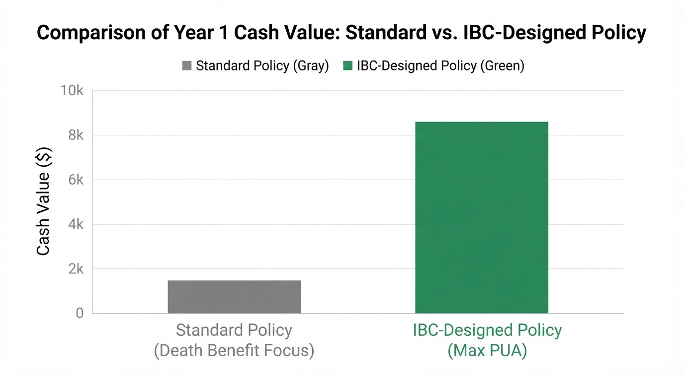 Infographic placeholder — bar chart comparing Year 1 cash value: a policy sold for maximum death benefit vs. a policy engineered for the Infinite Banking Strategy (minimum base premium, maximum PUA rider)