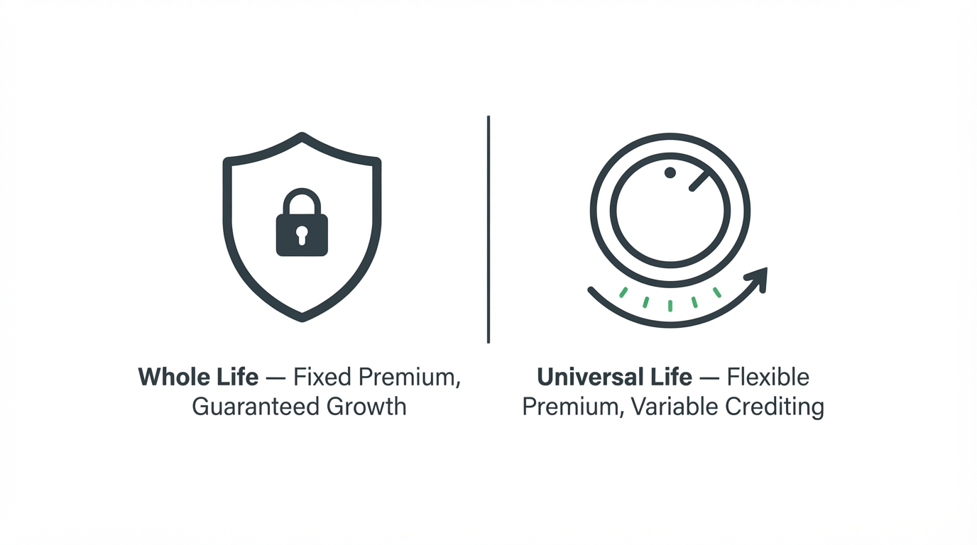 Simple diagram contrasting Whole Life (fixed premium, guaranteed growth) vs. Universal Life (flexible premium, variable crediting)