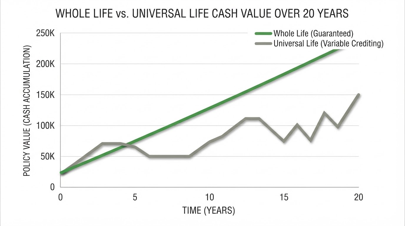 Simple diagram contrasting Whole Life (fixed premium, guaranteed growth) vs. Universal Life (flexible premium, variable crediting)