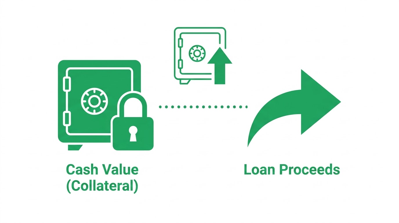 Diagram showing how a policy loan uses your cash value as collateral while your full cash value balance continues earning guaranteed growth and dividends