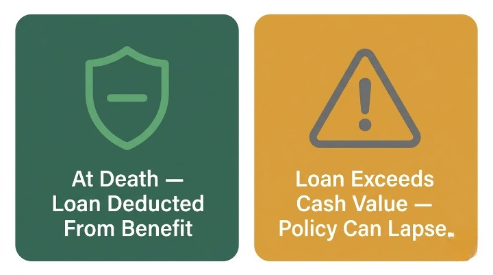 Icon graphic comparing what happens to an outstanding policy loan if left unpaid at death versus if the loan balance grows larger than the policy's cash value