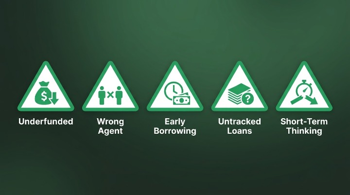 Five warning icons representing the most common Infinite Banking mistakes, laid out as a checklist