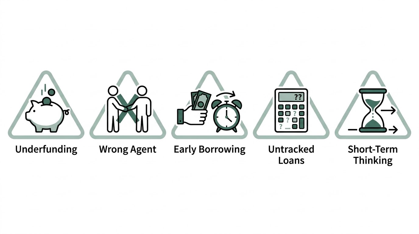 Five warning icons representing the most common Infinite Banking mistakes: underfunding, wrong agent, early borrowing, untracked loans, and short-term thinking