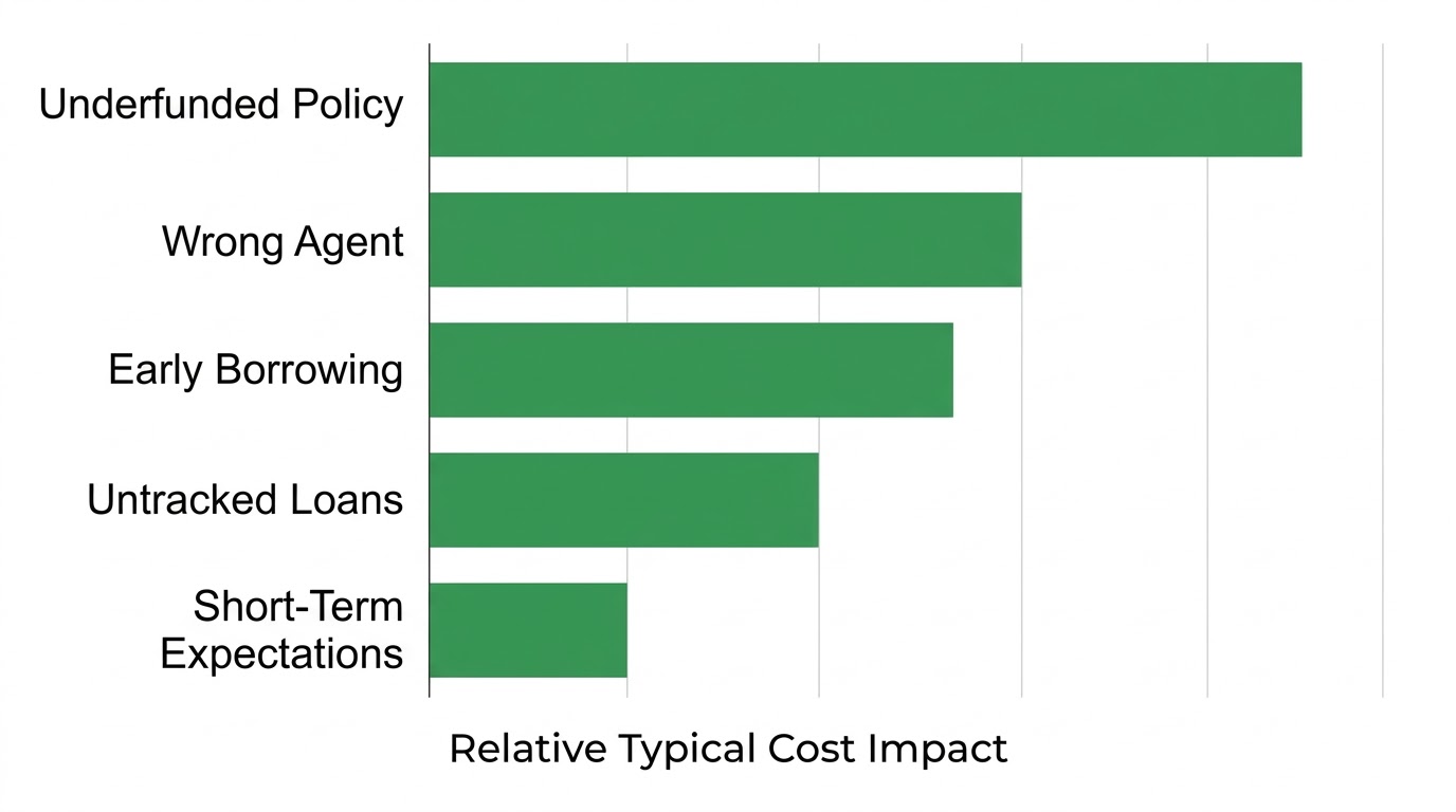 Bar chart ranking the five Infinite Banking mistakes by typical cost impact, from a thin PUA rider at setup to early policy surrender