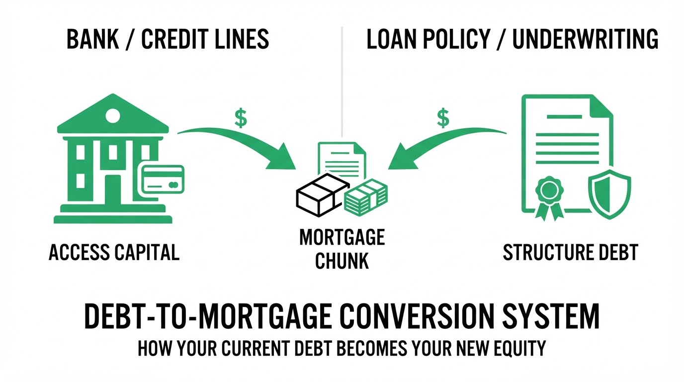 Split visual of a bank line of credit on one side and a life insurance policy on the other, both funding the same debt payoff chunk