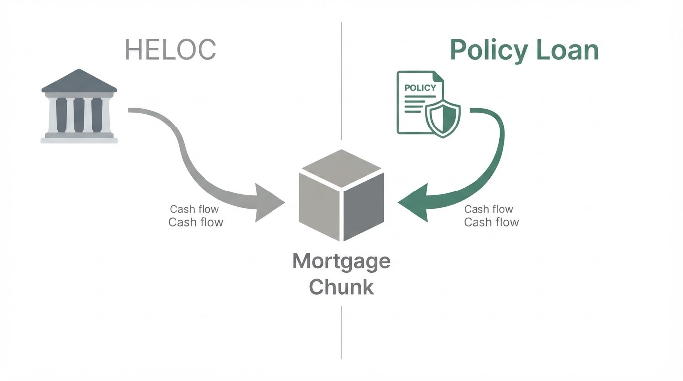 Side-by-side diagram comparing a HELOC funding a Velocity Banking chunk versus a policy loan funding the same chunk from a life insurance policy's cash value