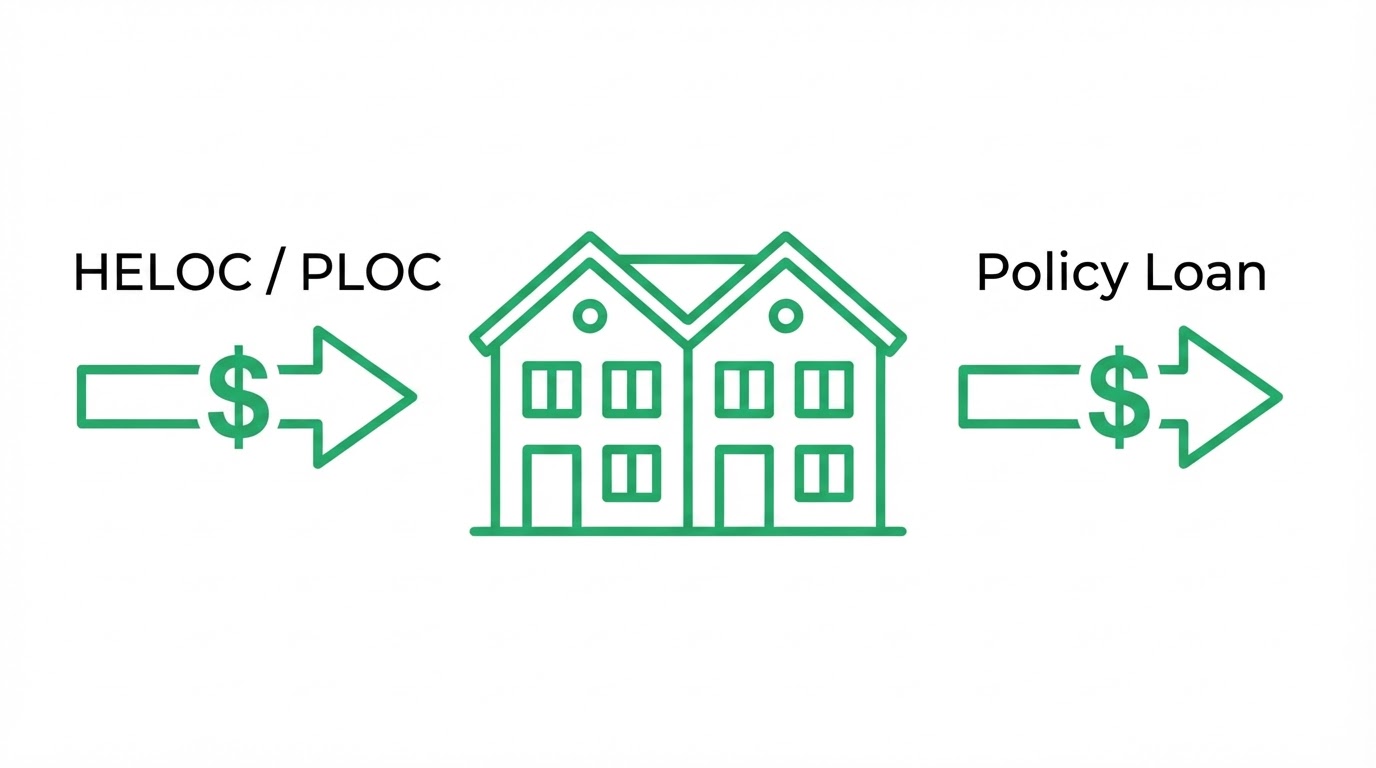 Investment property with two capital-source icons overlaid, representing a HELOC and a policy loan both funding real estate deals