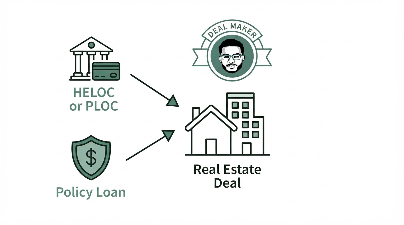Diagram showing two capital sources feeding into a real estate deal: a HELOC or PLOC on one side and a policy loan from a whole life policy on the other