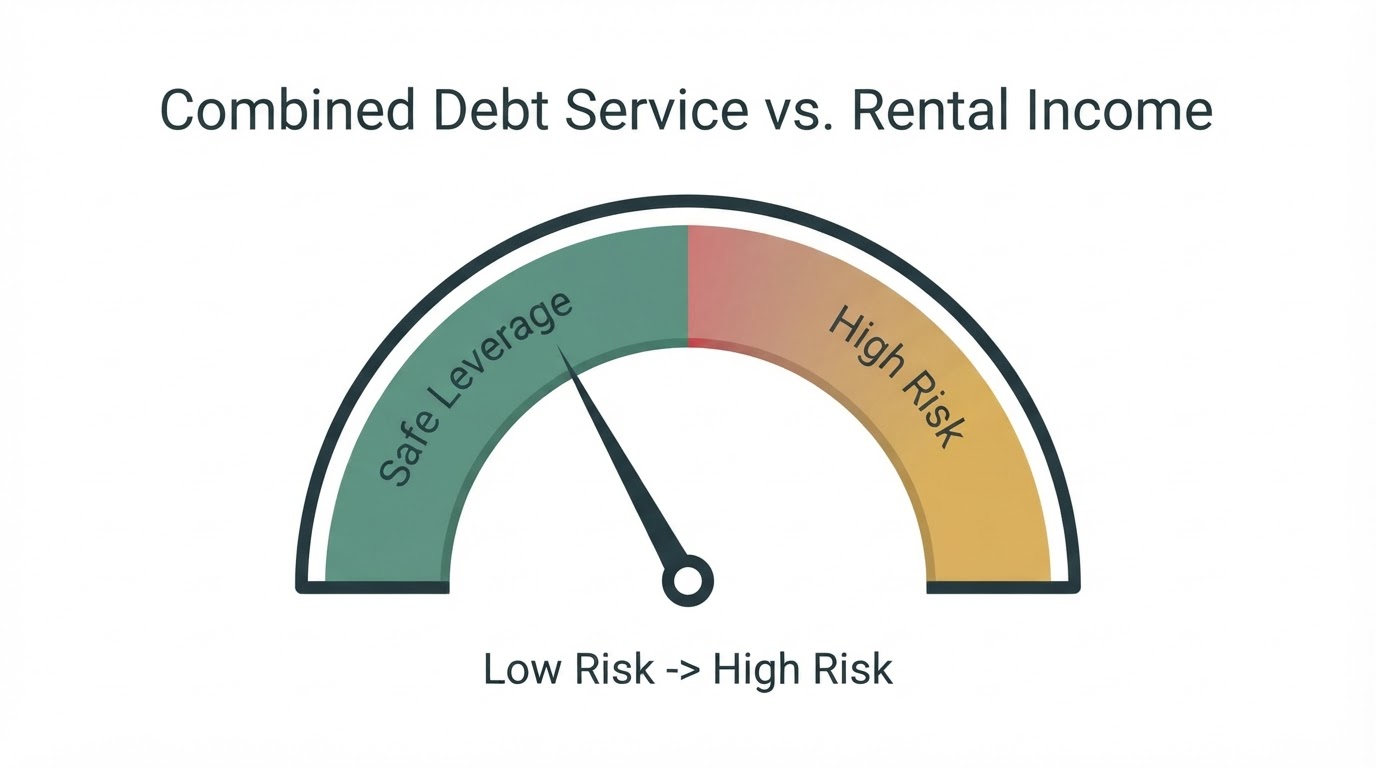 Simple leverage gauge graphic showing a safe zone and a high-risk zone for combined HELOC and policy loan debt against rental income
