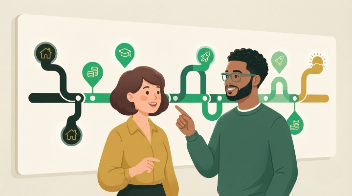 Couple reviewing a multi-year debt-free and wealth-building timeline