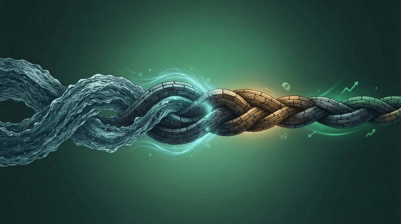 Two intertwined paths braided together, one fast-flowing and one slow and solid, representing Velocity Banking and Infinite Banking working as one combined framework