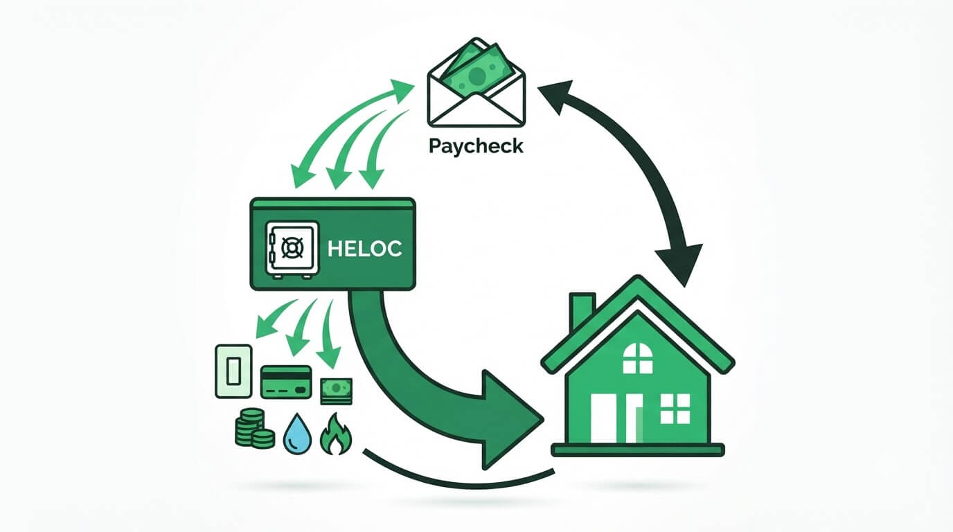 Velocity Banking cash flow diagram showing a paycheck deposited into a HELOC and a lump sum chunk sent to the mortgage principal