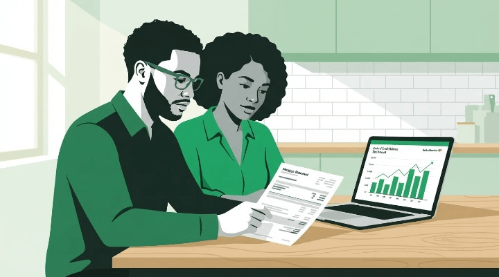 Homeowner reviewing a mortgage statement and HELOC balance at the kitchen table while planning a Velocity Banking chunk