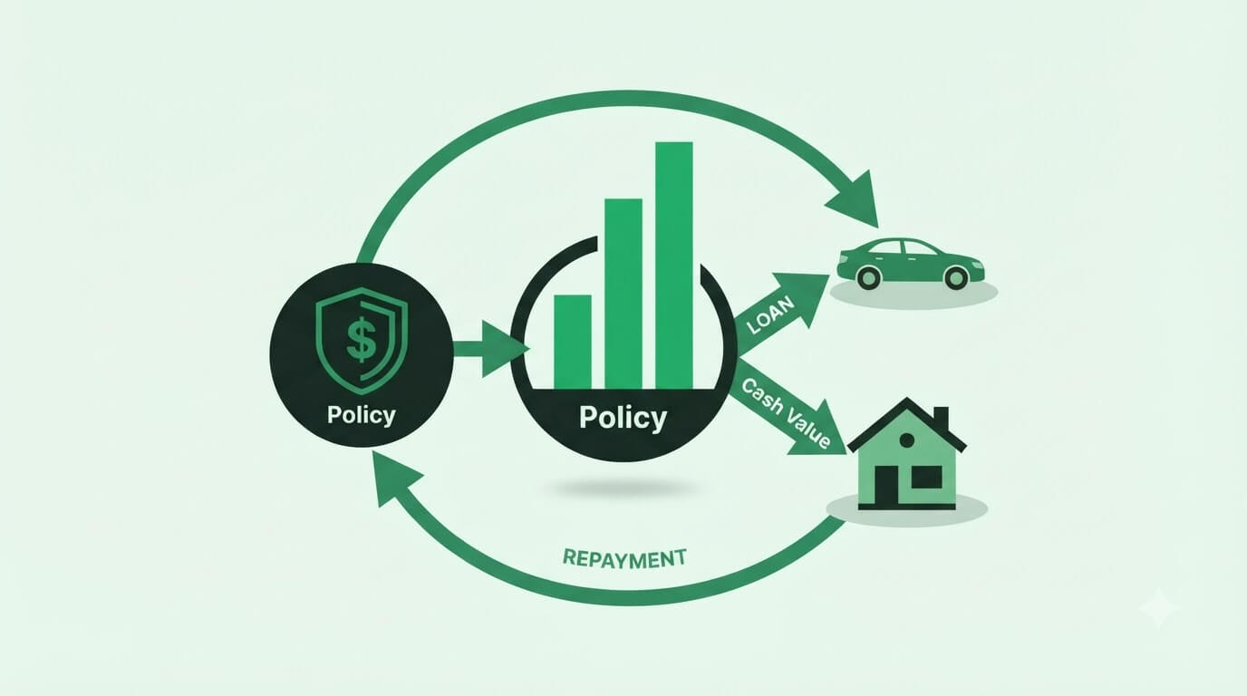 Infinite Banking strategy illustration showing a family borrowing against whole life insurance cash value and paying the loan back