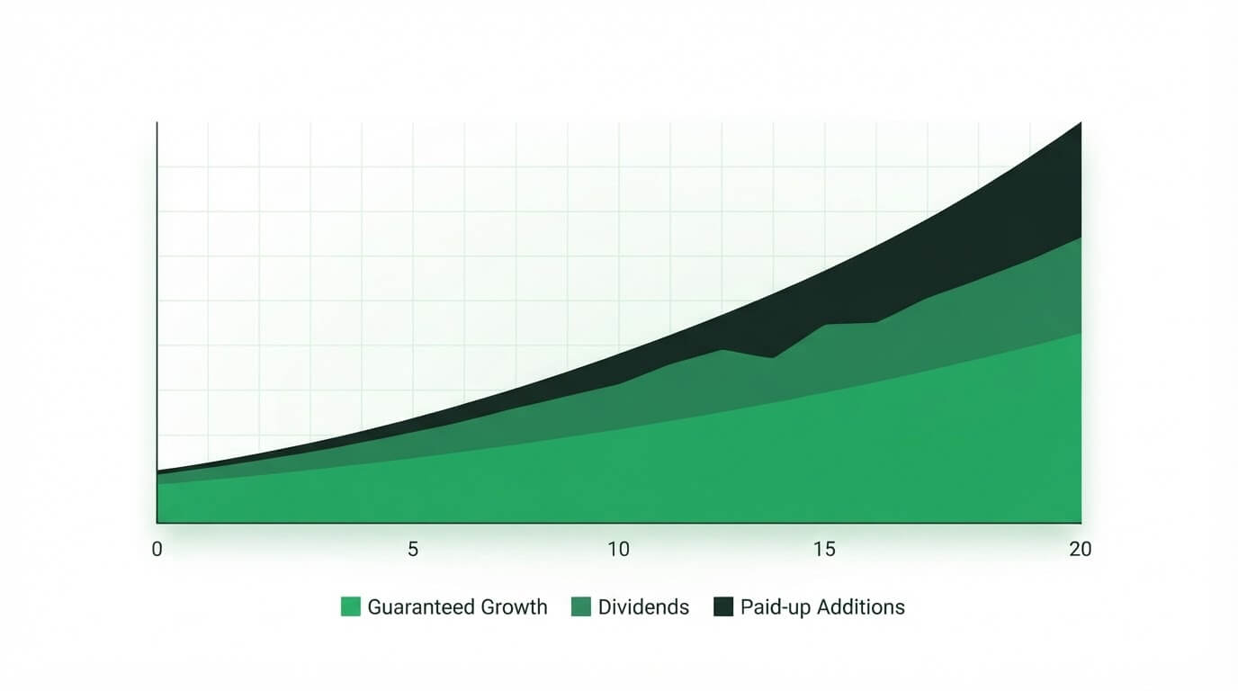 Whole life insurance cash value growth chart showing guaranteed growth, dividends, and paid-up additions over time