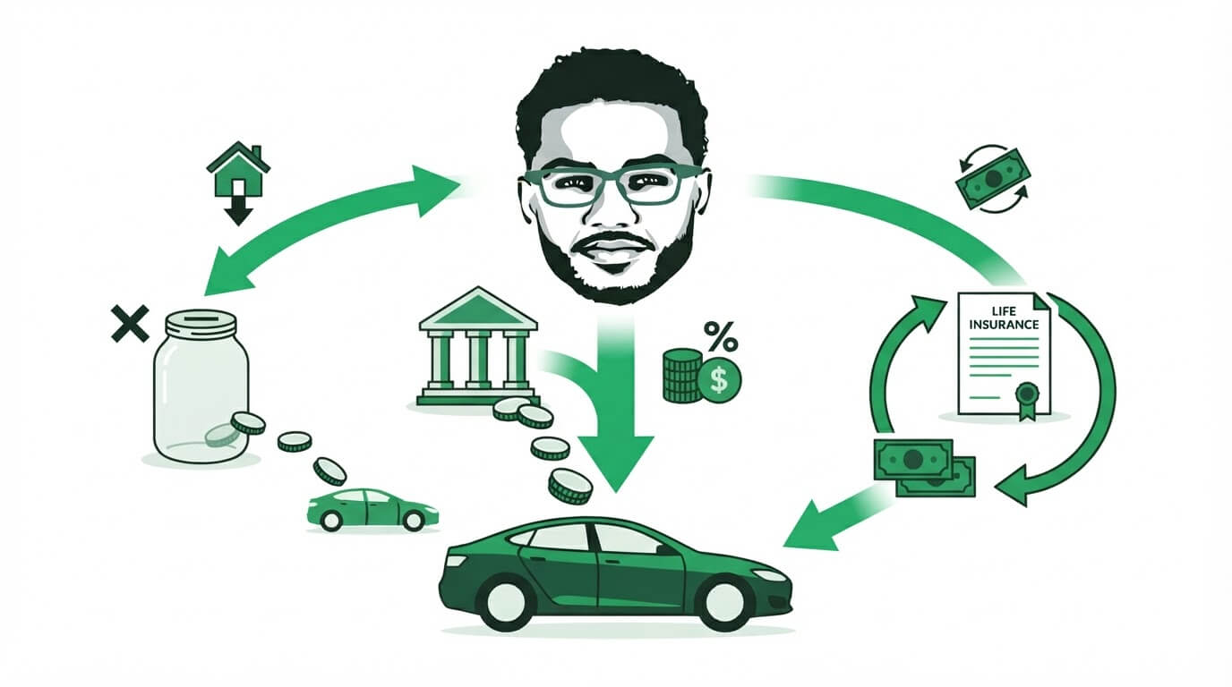 Become your own banker concept showing money flowing from a whole life policy loan to a car purchase and back into the policy