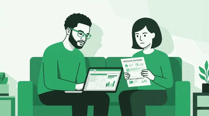 Couple organizing credit card and mortgage balances on a laptop to choose between debt snowball, debt avalanche, and Velocity Banking