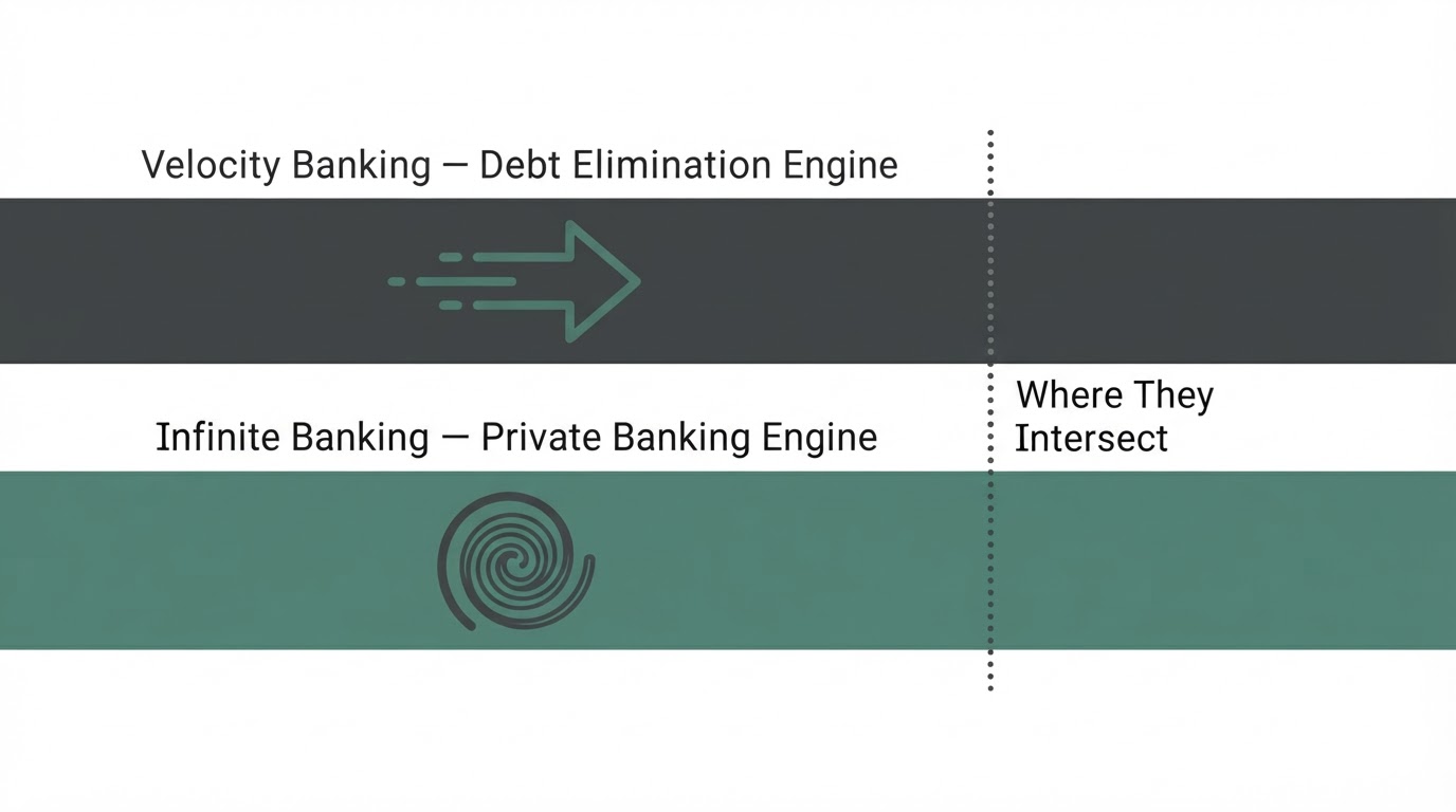 Two parallel horizontal lanes diagram: top lane labeled Velocity Banking, Debt Elimination Engine, with a fast-moving arrow icon; bottom lane labeled Infinite Banking, Private Banking Engine, with a slow compounding-growth arrow icon; a vertical dotted line marks where the two lanes intersect