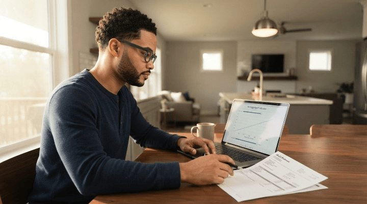 Homeowner reviewing a HELOC statement next to a mortgage payoff calculator on a laptop at a kitchen table