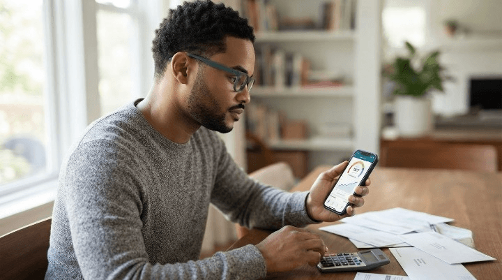 Person checking their credit score on a phone app while sitting near a stack of bills and a calculator
