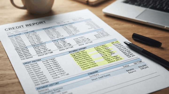 Credit report document with a pen and highlighter marking sections for review before applying for a HELOC