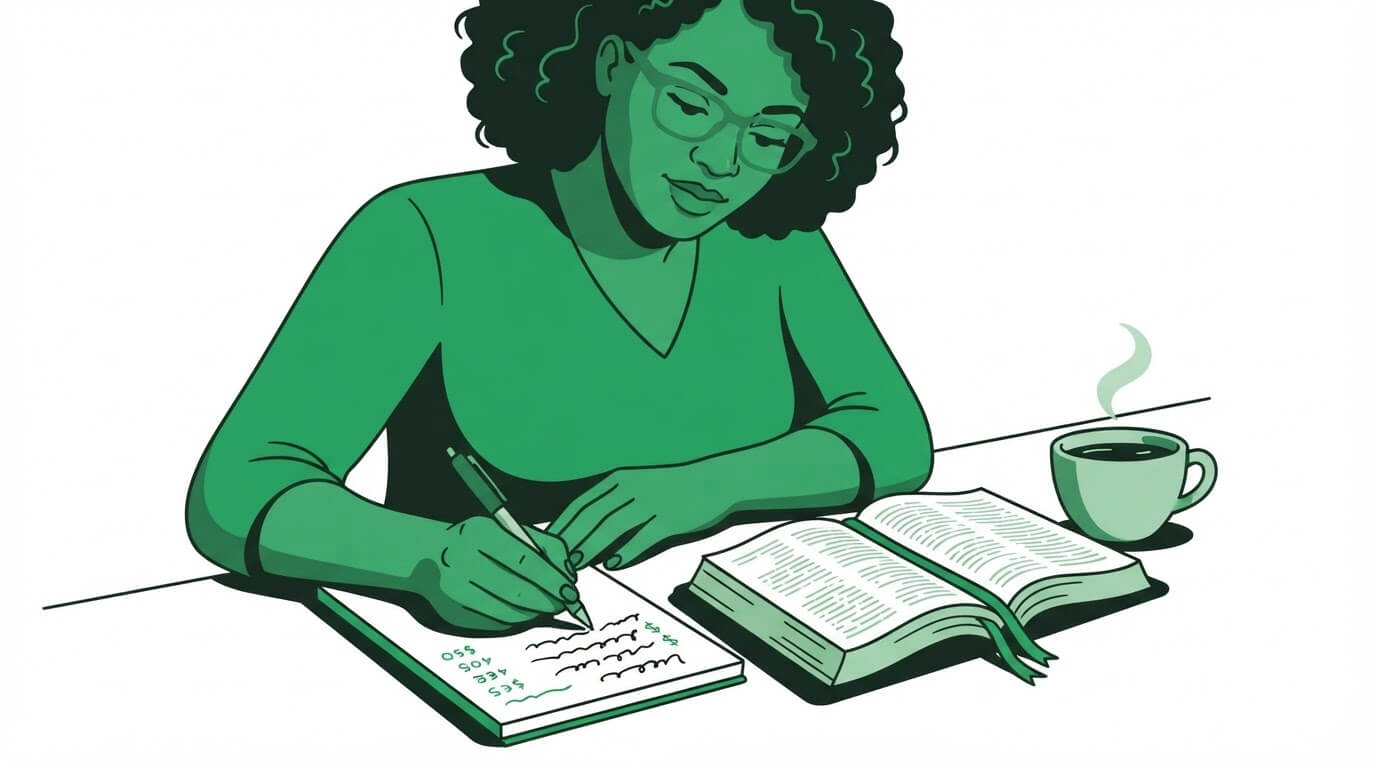 Mother planning family finances with a Bible and budget notebook as part of Christian financial coaching