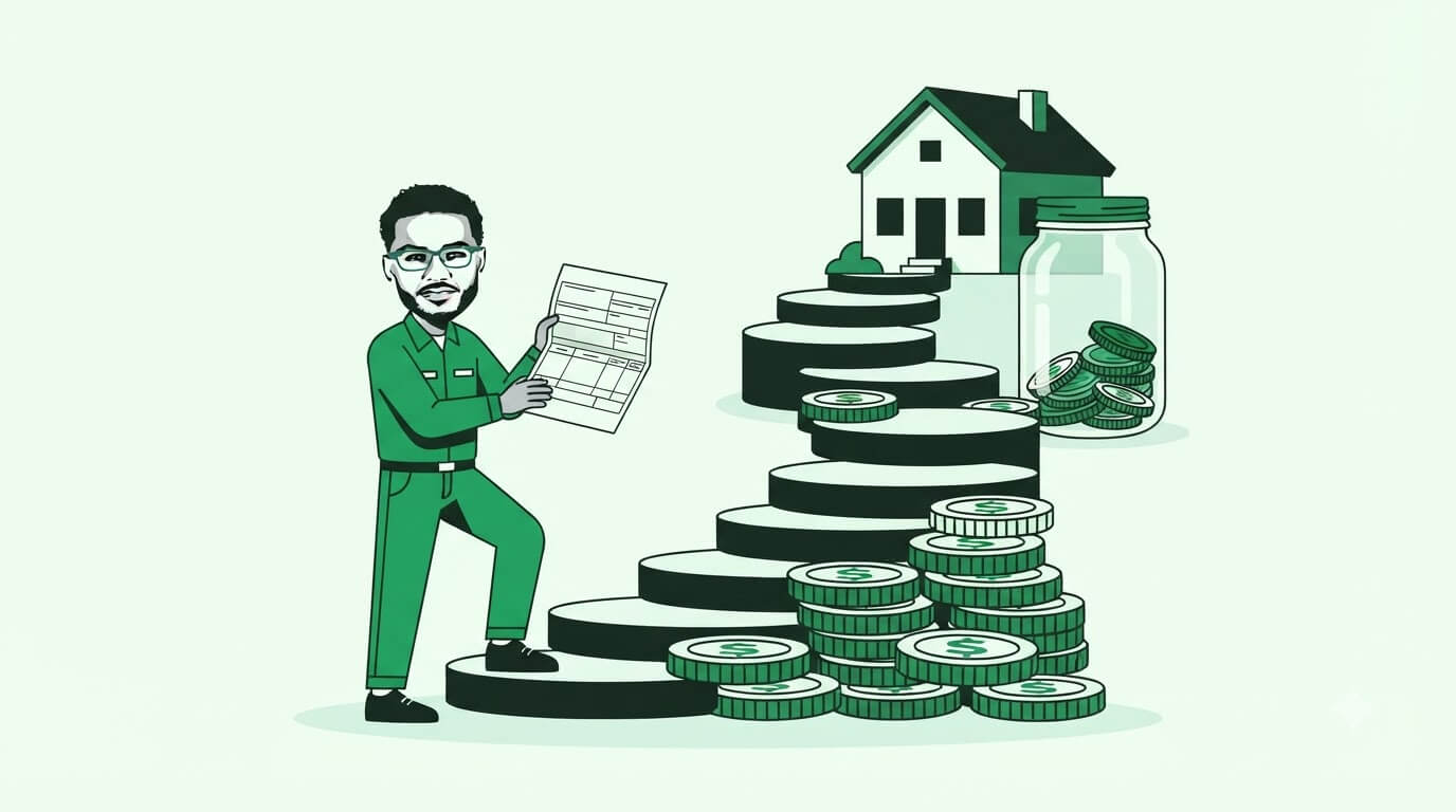 W-2 employee reviewing a monthly cash flow plan with income, expenses, and savings to build wealth