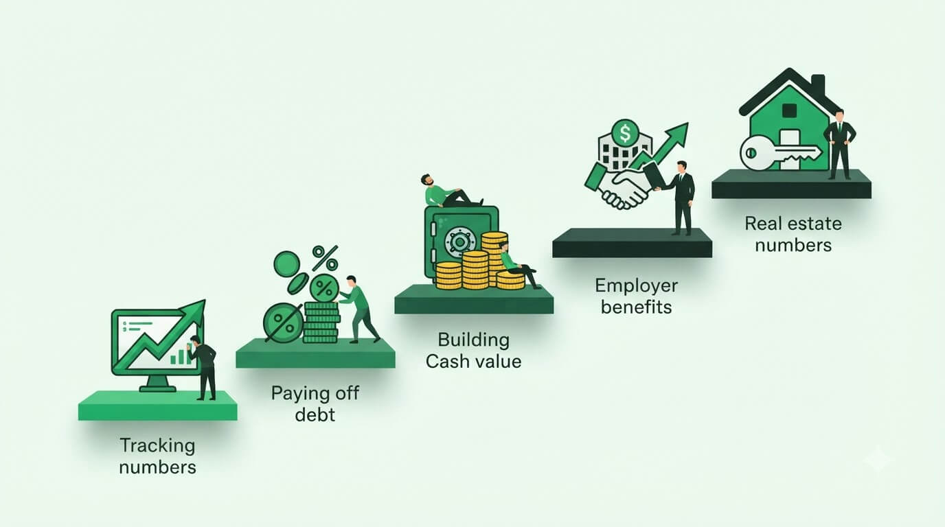 Steps a W-2 employee can take to build wealth, from paying off debt to building cash value and investing in real estate