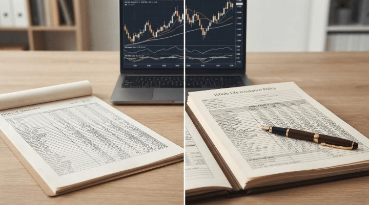 Split image showing a Roth IRA retirement statement on one side and a whole life insurance policy document on the other