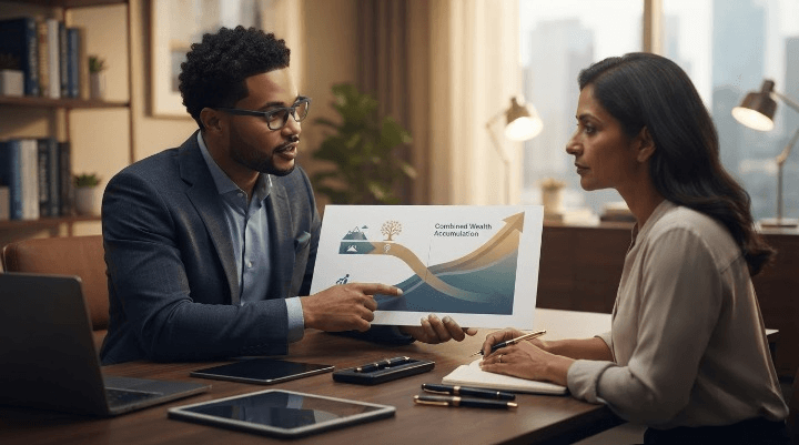 Financial planner explaining a long-term wealth plan that combines a Roth IRA and a whole life insurance policy to a client
