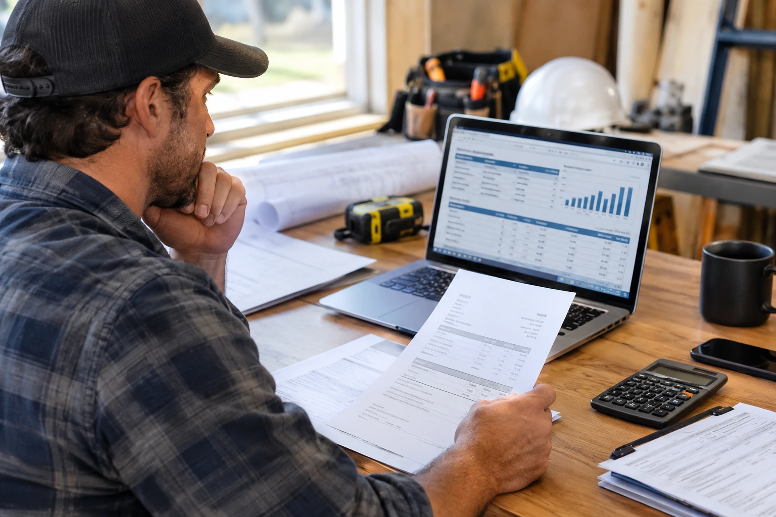 Self-employed contractor reviewing invoices and a quarterly tax estimate at a desk with a laptop